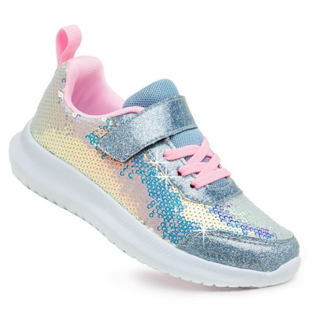 Toddler Girls Kids Sneakers Sparkle Sequins Shoes Breathable Lightweight Elastic band Athletic Running Walking Fashion Child Strap Non Slip Hook and Loop Closure Blue Size 11