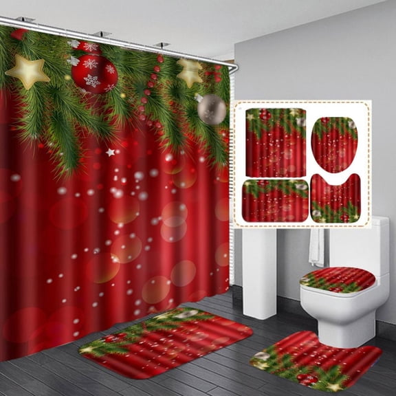 Christmas Sale! 4Pcs Christmas-themed Shower Curtain Sets with 12 Hooks,Bathroom Sets Shower Curtain Sets and Rugs and Accessories