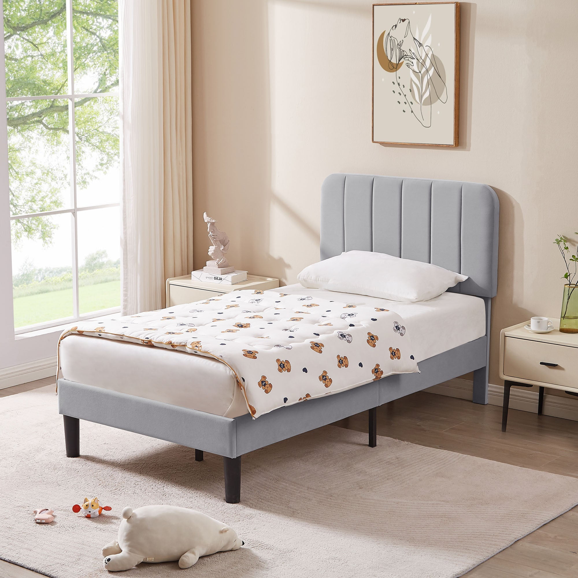 VECELO Twin Size Bed Frame, Upholstered Platform Bed Frame with Adjustable Headboard, No Box Spring Needed, Easy Assembly, Light Gray