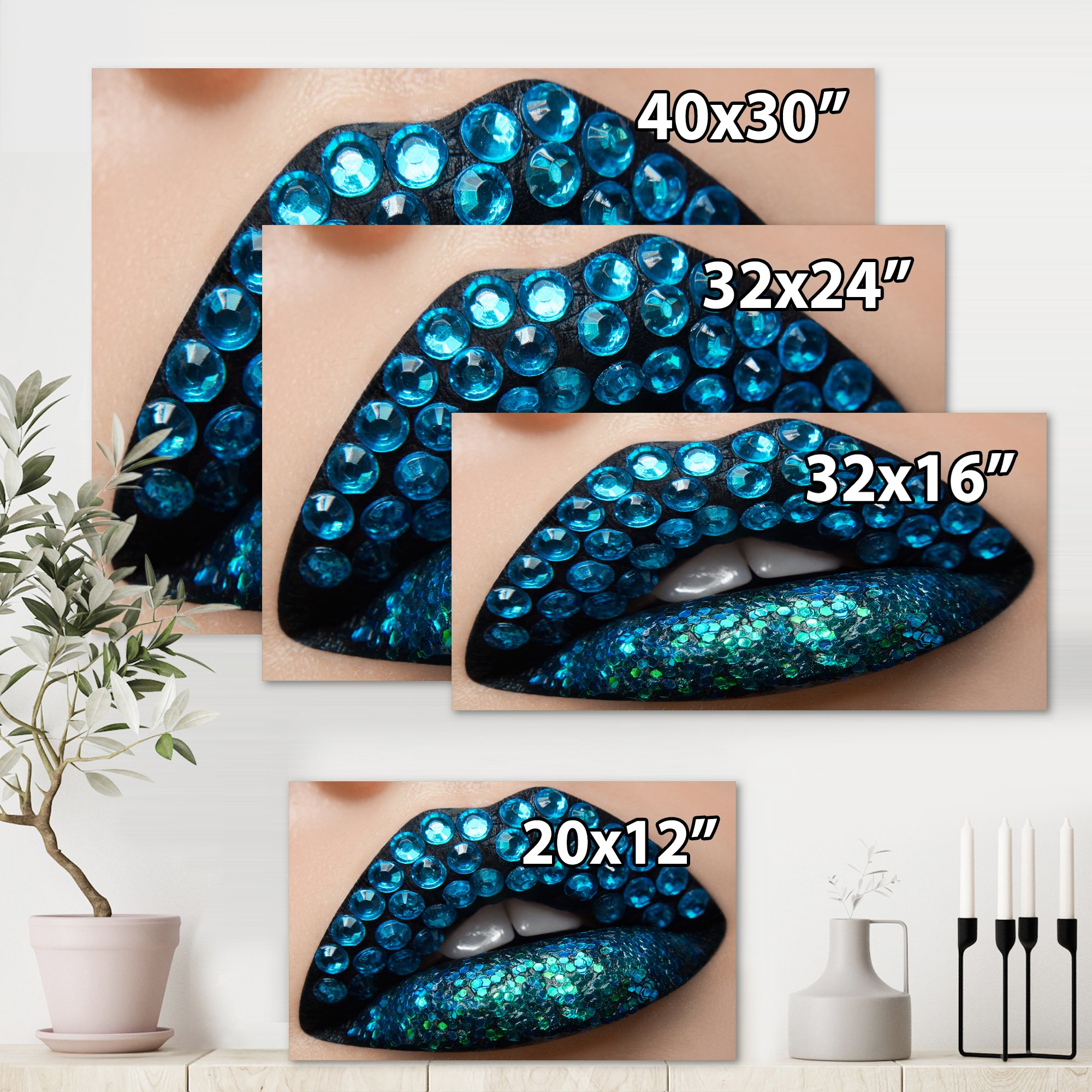 Designart ' Woman Lips With Black Lipstick Blue Diamonds ' Modern Canvas Wall Art Print