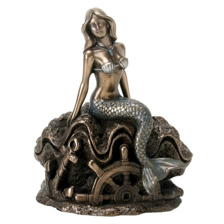 Seashell Statue - Art Nouveau Mermaid Sitting on Seashell Bronze Colored Statue Figurine New
