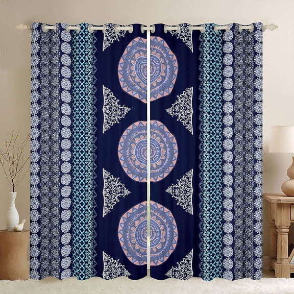 Homewish Vintage Bohemain Flower Black Out Curtains,Boho Theme Curtains Pack of 2 (42x63 Each),Blue Purple Bedroom Curtains For Adults,Microfiber Bedroom Decor