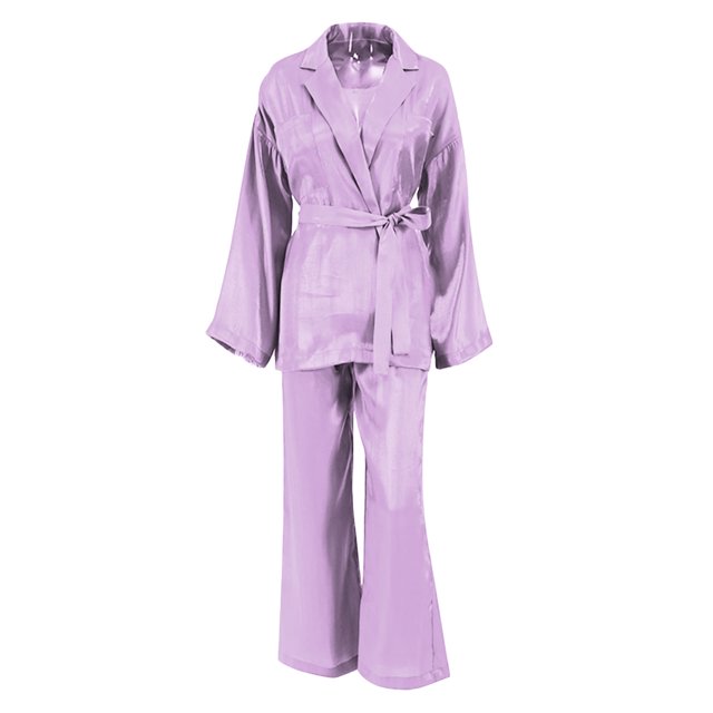Txlixc Traje de pijama para mujeres, portátil de manga larga de color sólido + pantalones sueltos + cinturón Txlixc moda
