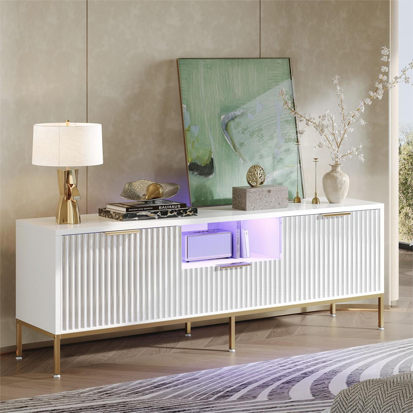 Bestier 55" LED TV Stand for TVs up to 60" Modern High Gloss Entertainment Center with Drawers Cabinets Fluted TV Console, White & Gold