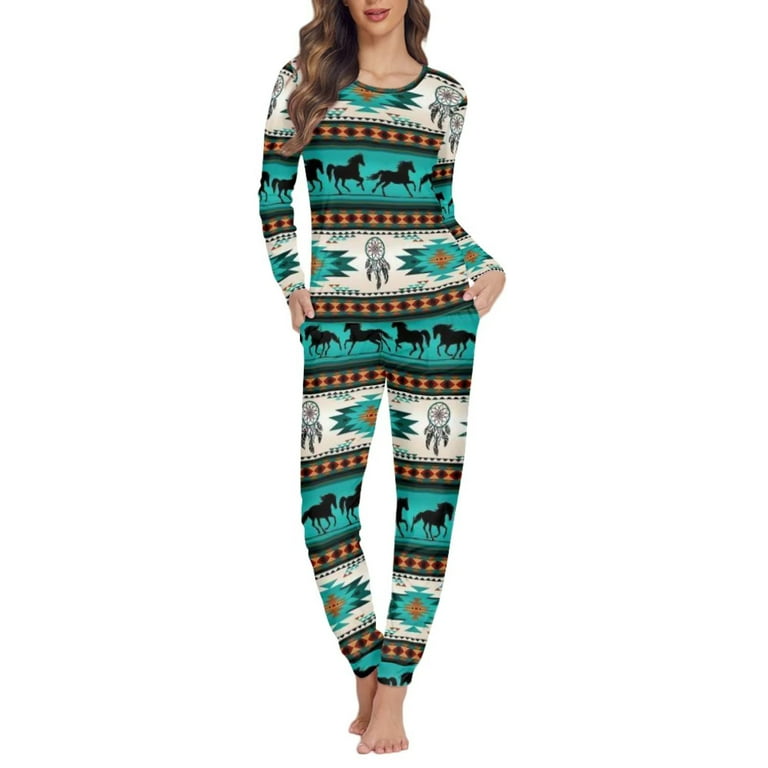 Renewold Trendy Pajamas for Women Long Sleeve Scoop Neck Comfortable  Nightwear Winter Night Aztec Horses Dreamcatchers Sleepwear Casual Sport  Jogger