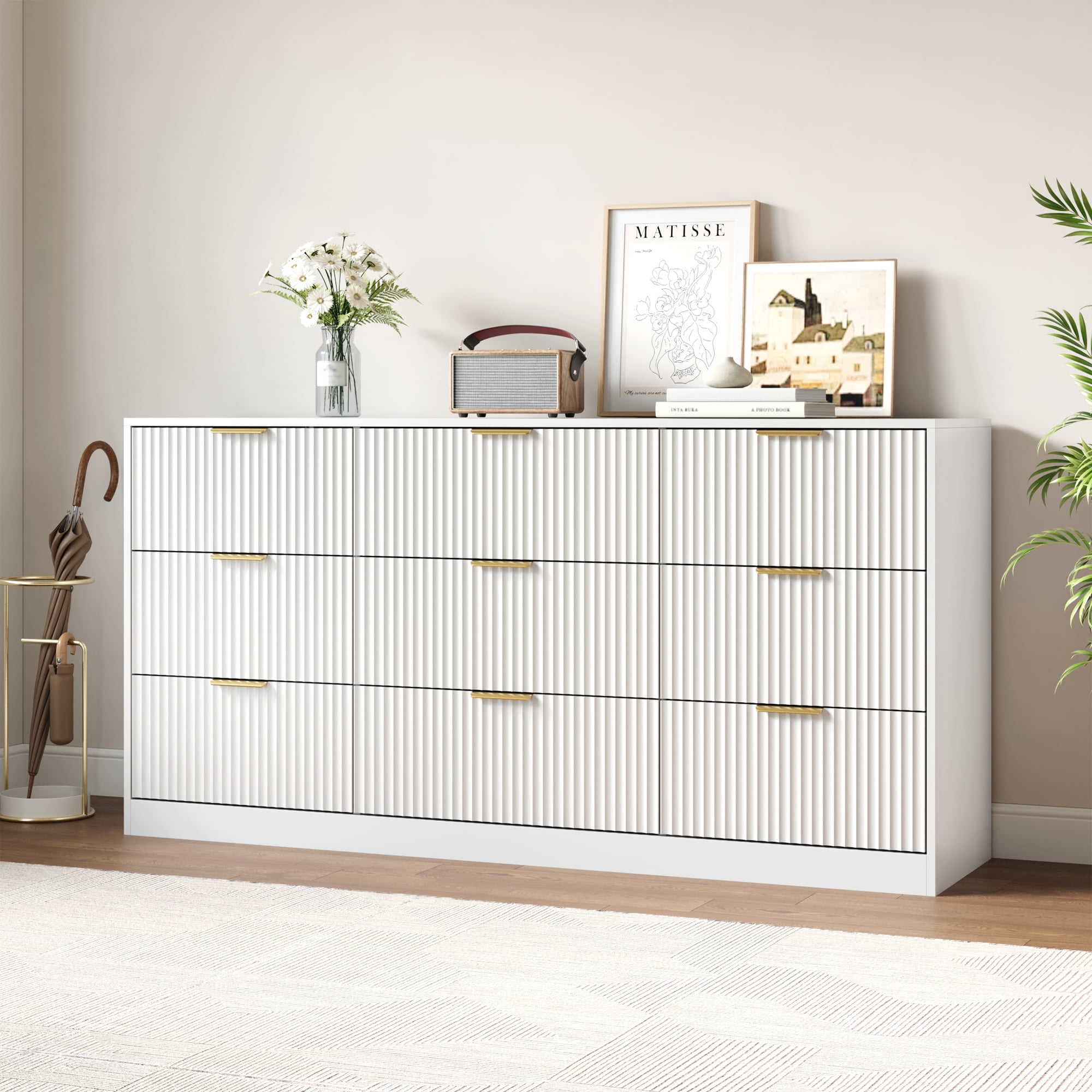 YouTrend White 9 Drawer Dresser for Bedroom,Modern Adult Fluted Wood Chest of Drawer with Golden Embedded Handles for Living Room,Hallway