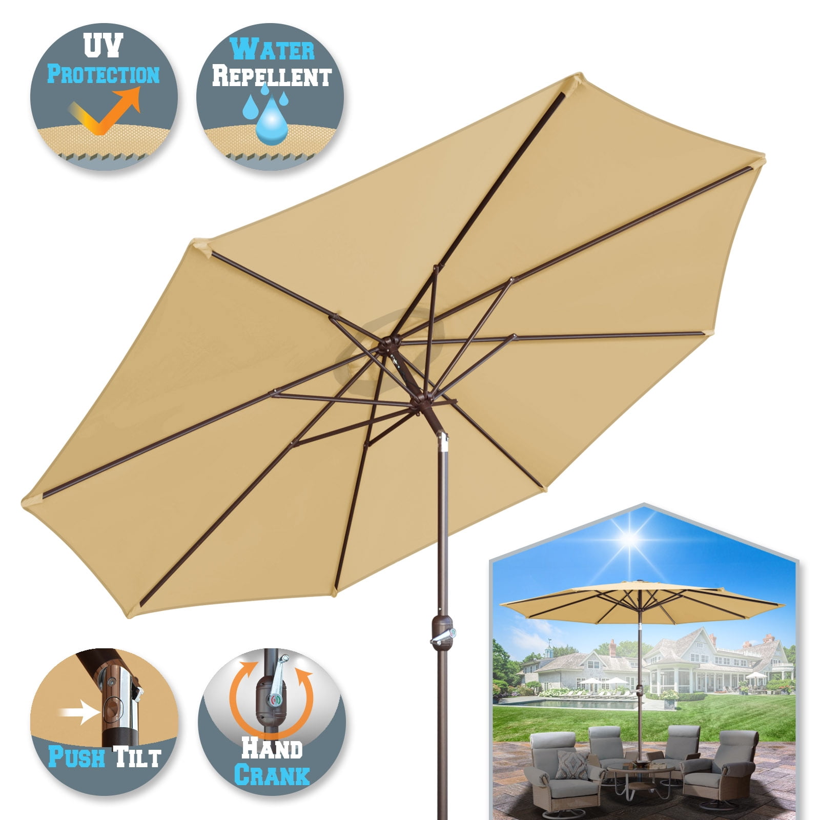 Sunrise Outdoor 10' Patio Umbrella 8 ribs with Tilt and Crank Garden Parasol Market Sunshade Umbrella (Beige)