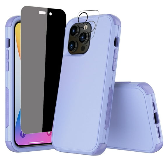 NIFFPD iPhone 14 Pro Case with Screen Protector（Anti Spy Privacy） + Camera Lens Protector, Heavy Duty Hard Shockproof Phone Case for iPhone 14 Pro 6.1" Light Purple
