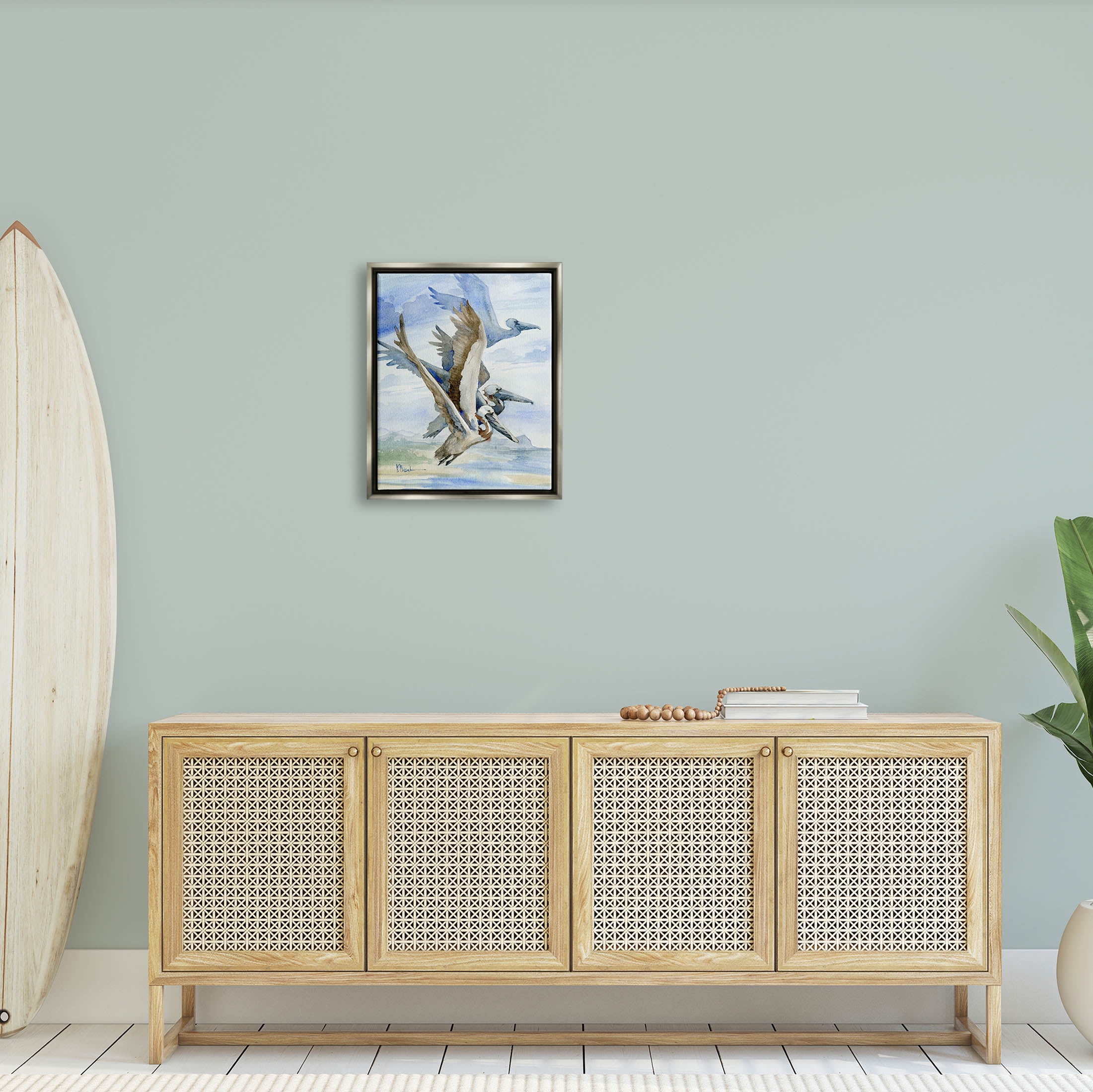 Stupell Industries Pelicans Aloft Bird Flight Trio Painting Luster Gray Floating Framed Canvas Print Wall Art, Design by Paul Brent