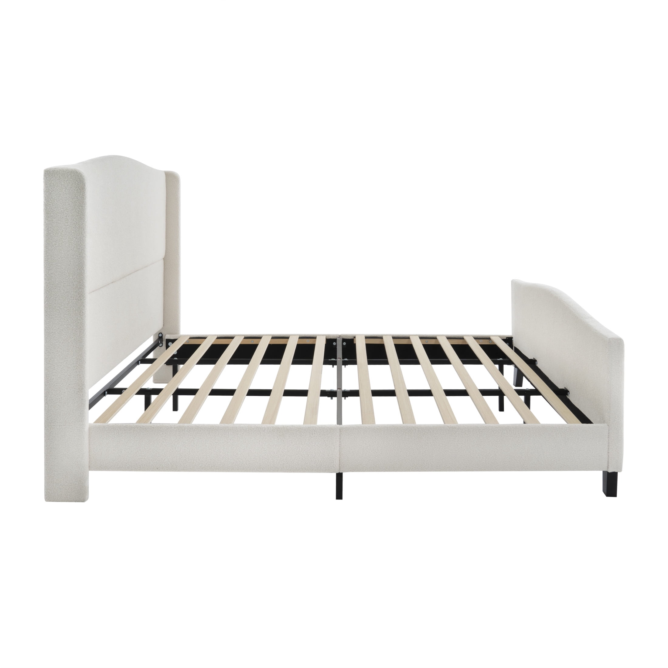 Noble House Diane king Size Upholstered Bed Frame, Teddy Velvet Headboard with Solid Wood Legs, Minimal Design, White