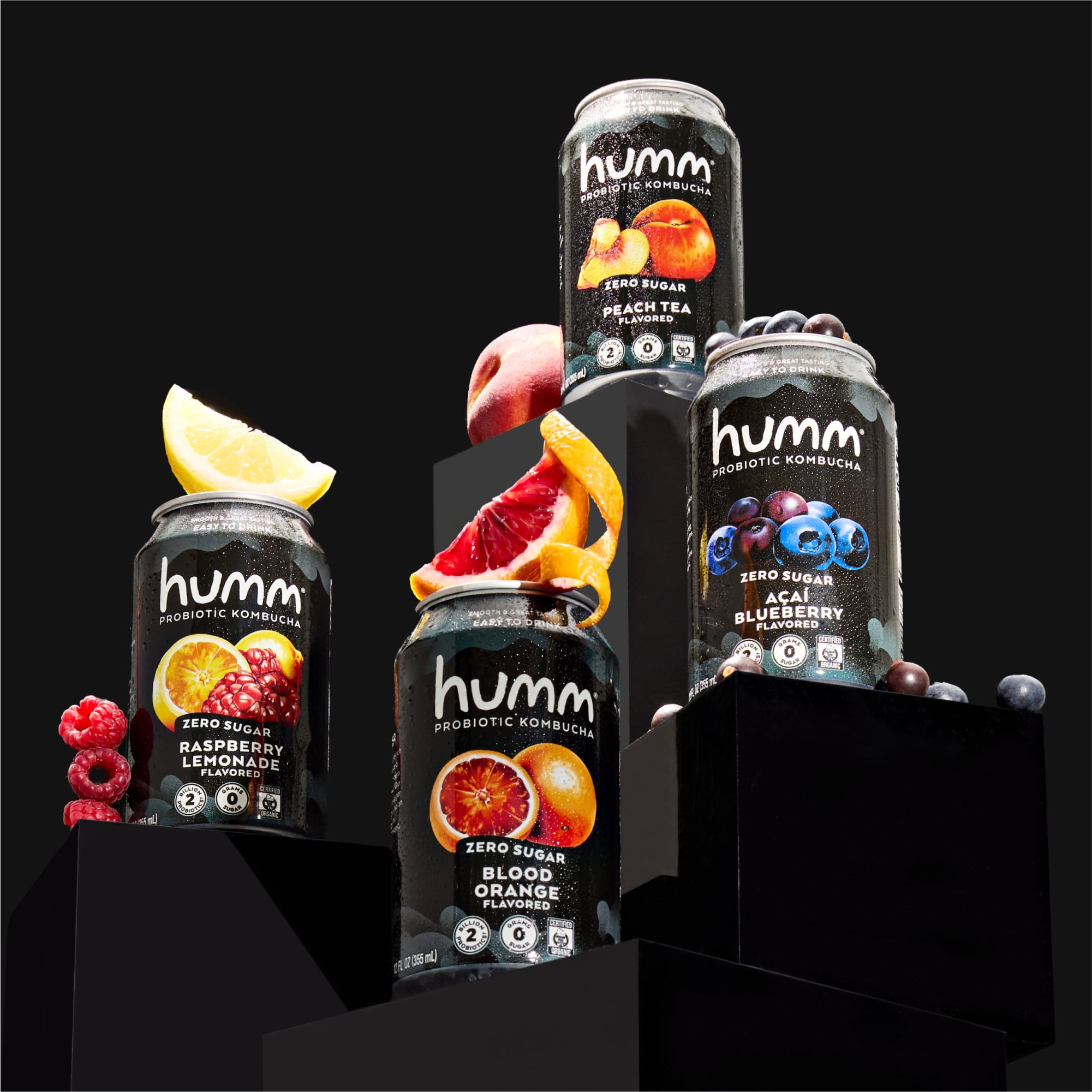 Humm Zero Sugar Kombucha, Diet-Free, Low-Caffeine Peach Tea, 16