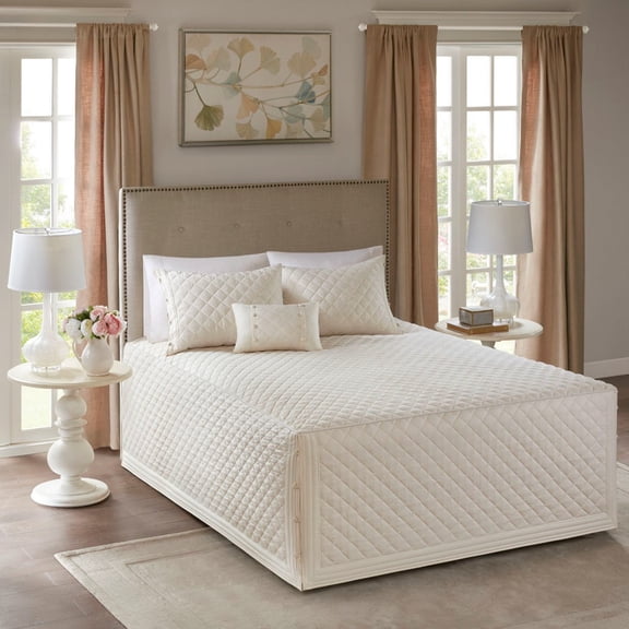 Noaman 4-Piece Cotton Reversible King Bedspread Set with Diamond Quilting, 24" Drop, Khaki