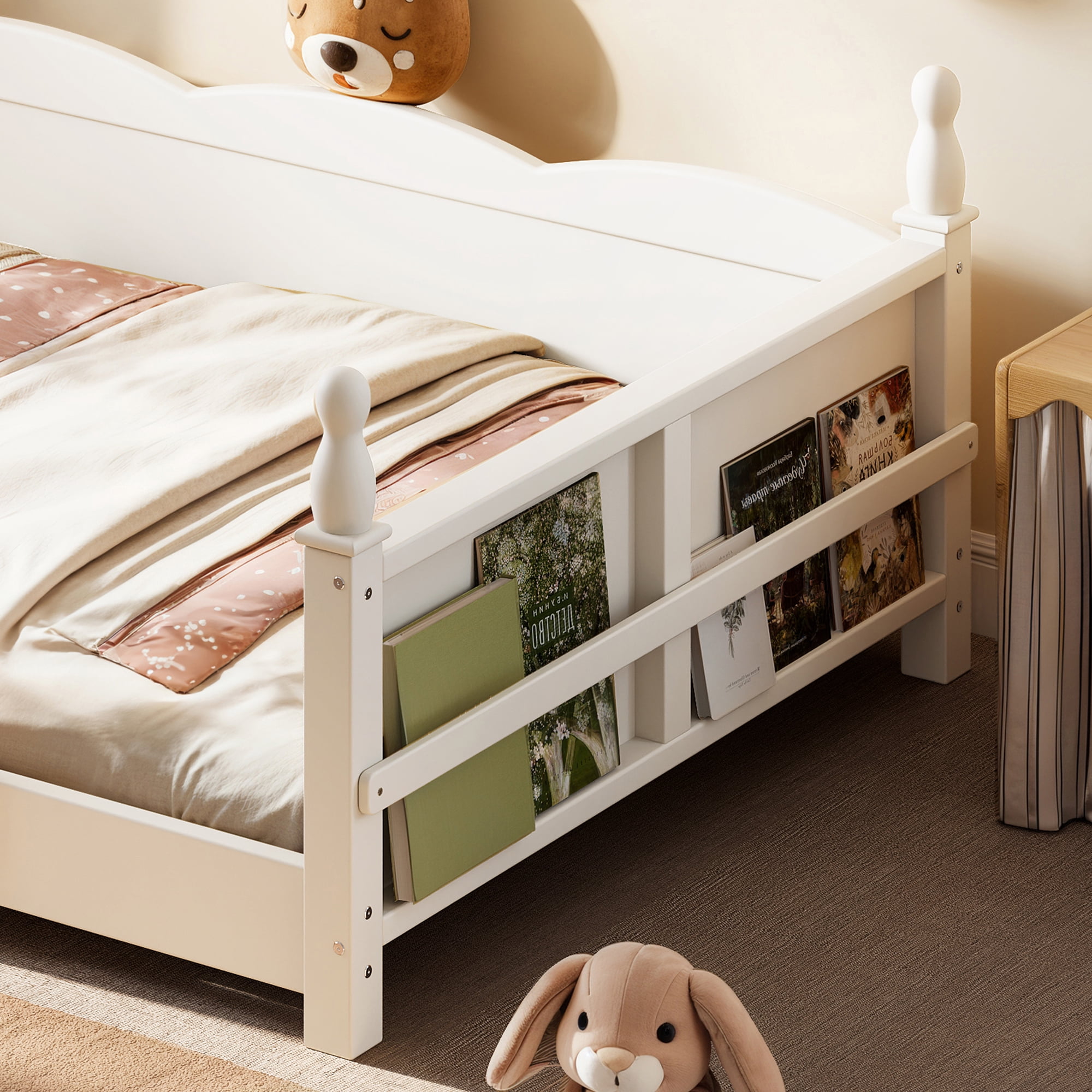 Montessori Twin Floor Bed with Full-Length Guardrails and Bookshelf, Low Profile Kids Bed with Childlike Design, Beige