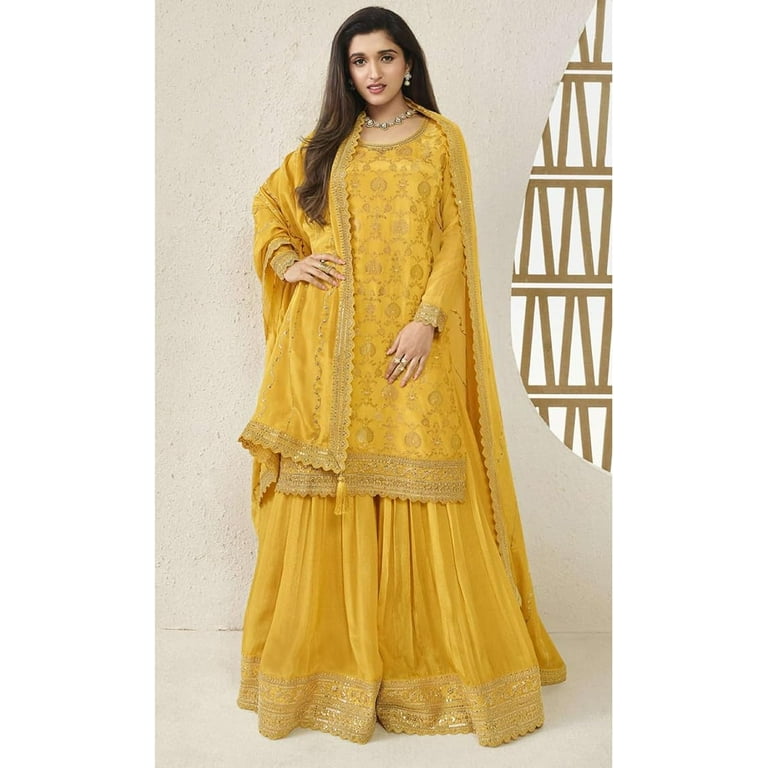 Pakistani Designer Salwar Kameez Dress Haldi Function Wear Indian Plazo Suits Yellow XXS 34