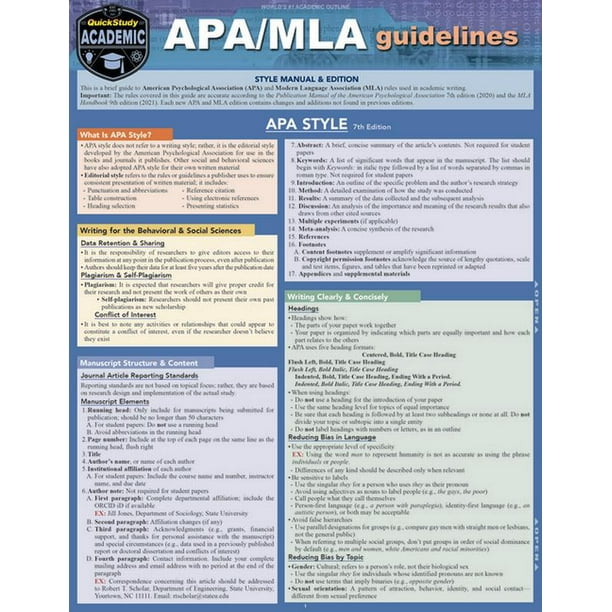 Apa/MLA Guidelines 7th/9th Editions Style Reference For Writing A Quickstudy Laminated Guide
