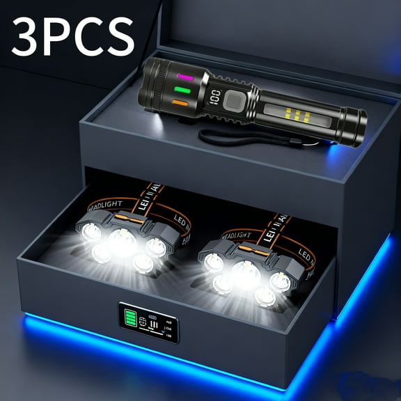 3pcs Multifunctional Flashlight & Rechargeable Headlights Set | Upgraded High Lumen   Multiple Lighting Modes | For Power Outages/Fishing/Tactics/Mountaineering – Perfect Surprise Gift