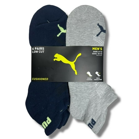 PUMA SOCKS MEN'S - LOW CUT - EDGE 243 - BLUE LIME 2 - LARGE (10-13) PACK 6 XX