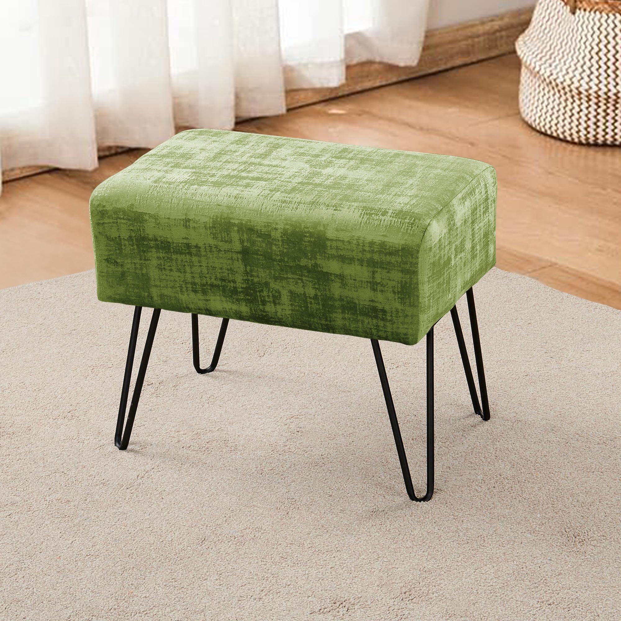 Home Soft Things Textured Velvet Ottoman Stool Chair, Upholstered Footrest with Black Metal Legs, Calla Green, 19" x 13" x 17"