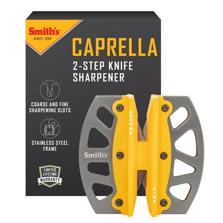 Smith's 51176 Stainless Steel 2-Step Knife Sharpener - Yellow - Preset Coarse & Fine Slots - Outdoor Handheld Knife Sharpener - Fishing Hunting Filet Pocket Knives - Portable Compact Keychain Tool