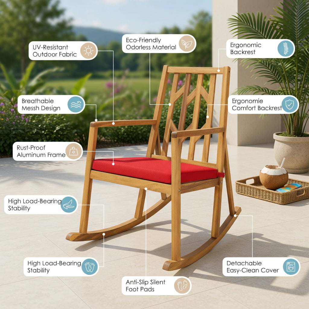 Hommoo Acacia Wood Patio Rocking Chair Sofa with Removable Cushion, Natural Wood Frame, Outdoor Garden & Deck Seating for Backyard, Poolside, Porch, Red
