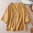 thumbnail image 2 of Vintage Elbow Sleeve Tops Women Summer Casual Cotton Linen Lightweight Loose Fit V Neck Embroidery T Shirts, 2 of 7