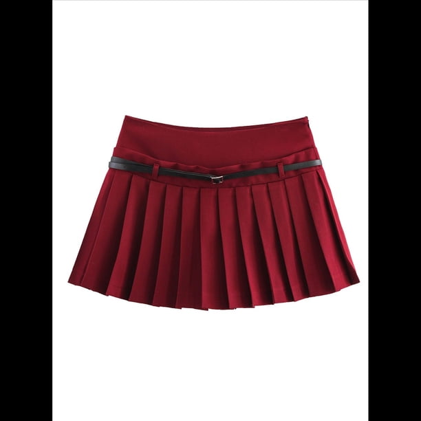 Minifalda Plisada Elástica de Corte A con Cinturón para Mujer, Estilo Y2K Vino Tinto M