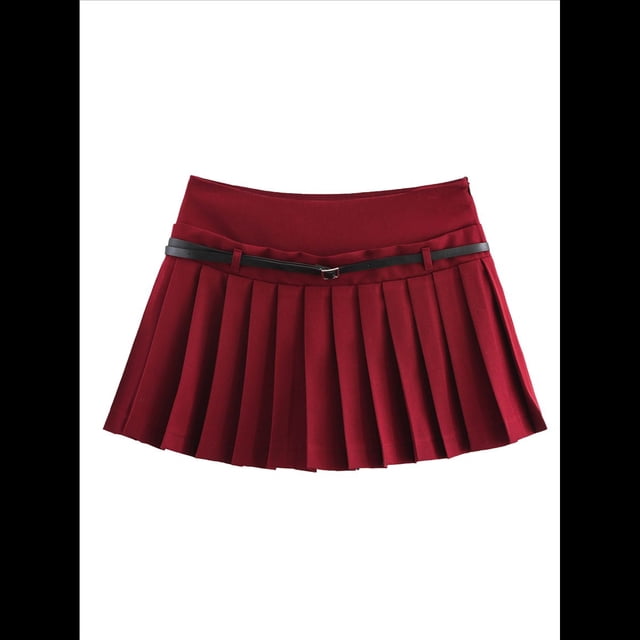 Minifalda Plisada Elástica de Corte A con Cinturón para Mujer, Estilo Y2K Vino Tinto M