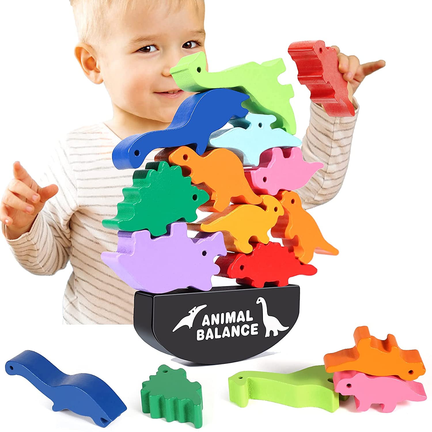 Wooden Stacking Dinosaur Toys for 1 2 3 Year Old Toddlers, Montessori