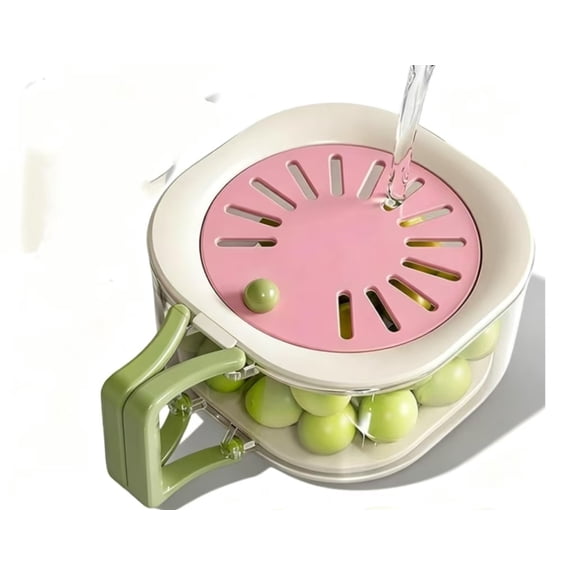 2 In 1 Fruit Strainer Container with Lid, Foldable Handle Fruit Washing Drain Bowl, Multifunctional Kitchen Colander for Fruit Vegetable Washing Draining & Fridge Storage (pink)M
