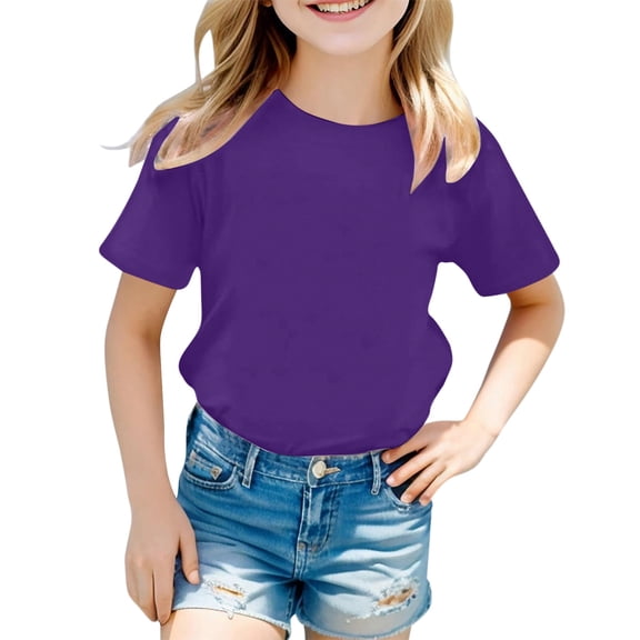 Yuncity Toddler Girls Tees Solid Color Short Sleeve Crew Neck Lightweight Summer Classic Loose Outdoor Daily Wear Kids Tshirts Size 1-2 Years Purple