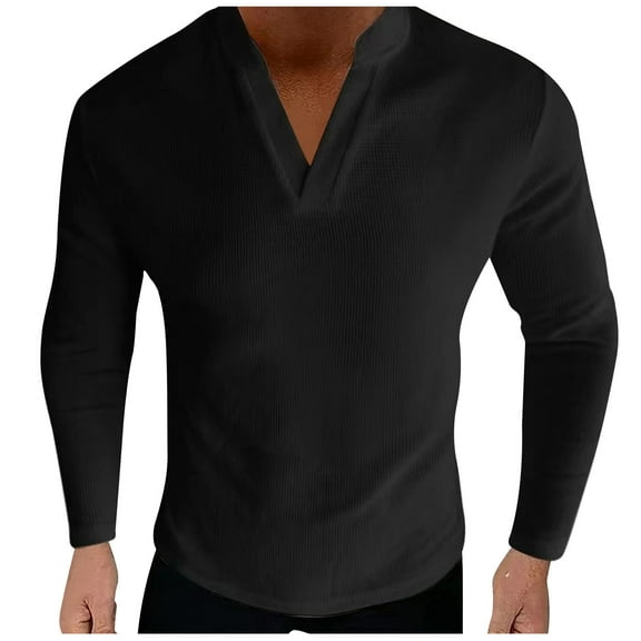 Men's V-Neck Long Sleeve Shirts Cotton Solid Color Slim Fit Top for Men Fashion Fall Casual Pullover Blouses Tee (Black L)