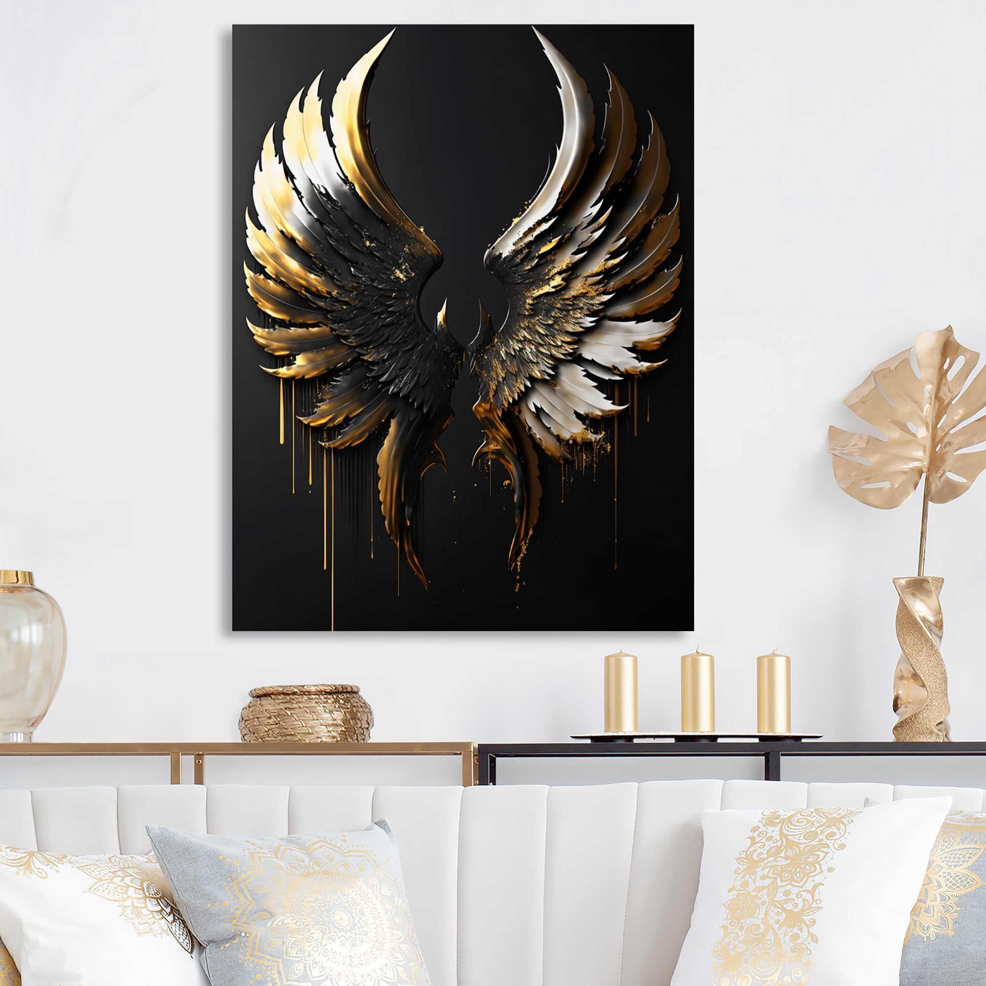 Designart Black Silver And Gold Angel Wings II Canvas Wall Art