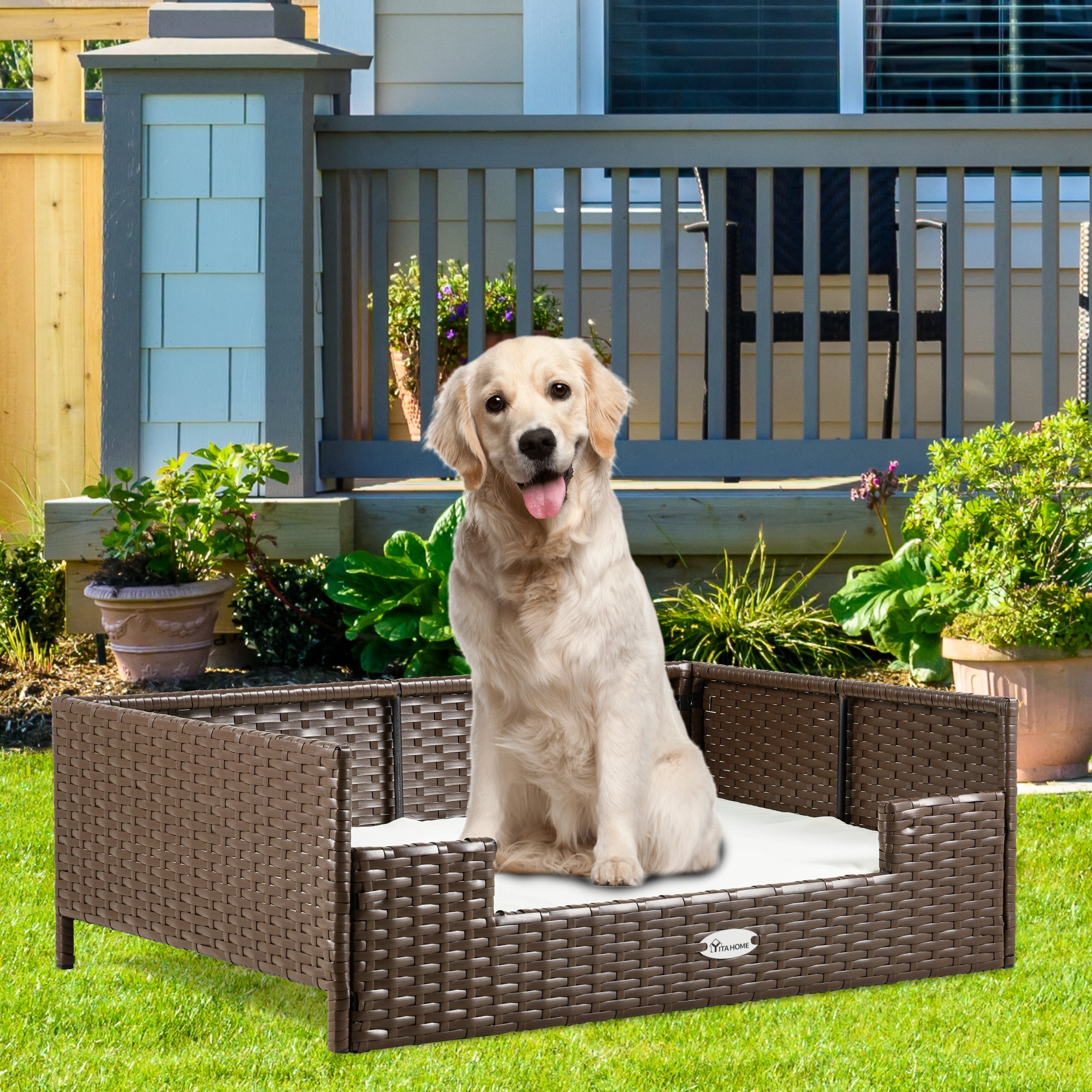 Dextrus Rattan Dog Bed for Large Medium Dogs and Cats, 34.6''Lx23.6''Wx11.8''H Indoor Outdoor Pet Bed with Beige Cushion