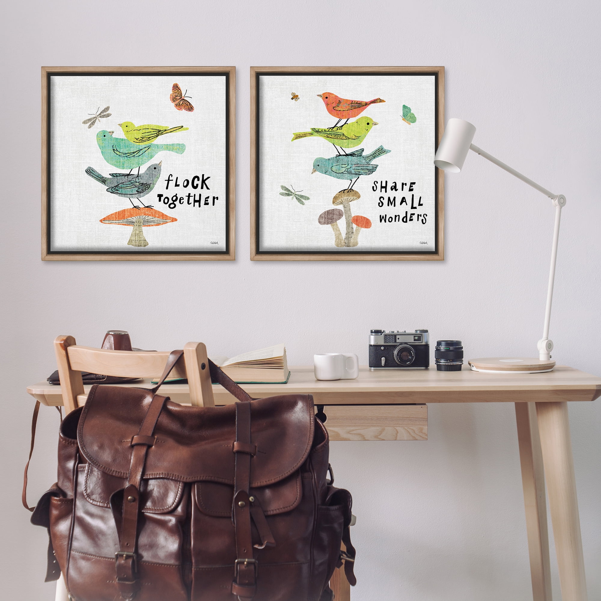 Stupell Industries Flock Together Share Birds Animals Painting Brown Floater Framed Canvas Art Print Wall Art, 25 x 25, Set of 2