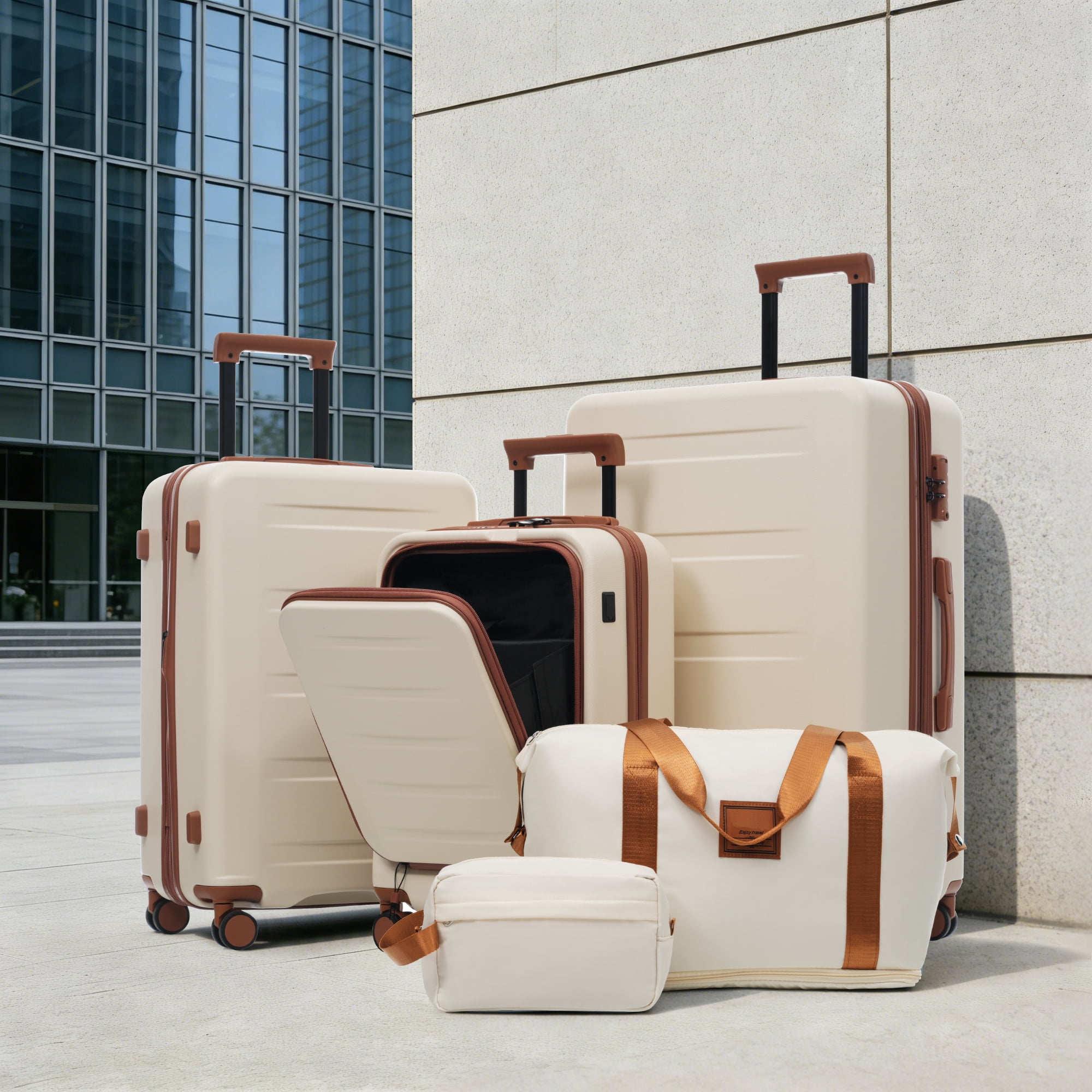 Euroco 5 Piece Front Opening Luggage Sets, Hardside Expandable Carry On Suitcase Set with USB Port,TSA Locks, Spinner Wheels and 2 Bags,Lightweight Travel Luggage for Men Women(20"/24"/28"),White