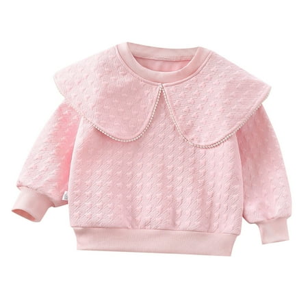 VNKIDY Girls Sweatshirt Solid Color Long Sleeve Collar Sweatshirt With Pearl Trim Textured Knit Casual Pullover For Toddlers Daily Going Out Wear Soft Top
