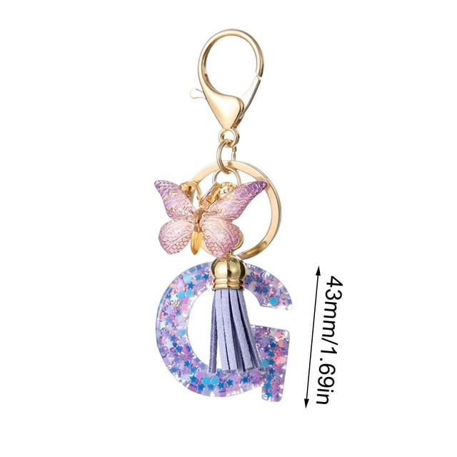 Car Key Chain with 26-Letter Resin Pendant Butterfly Design and Gradient Tassel