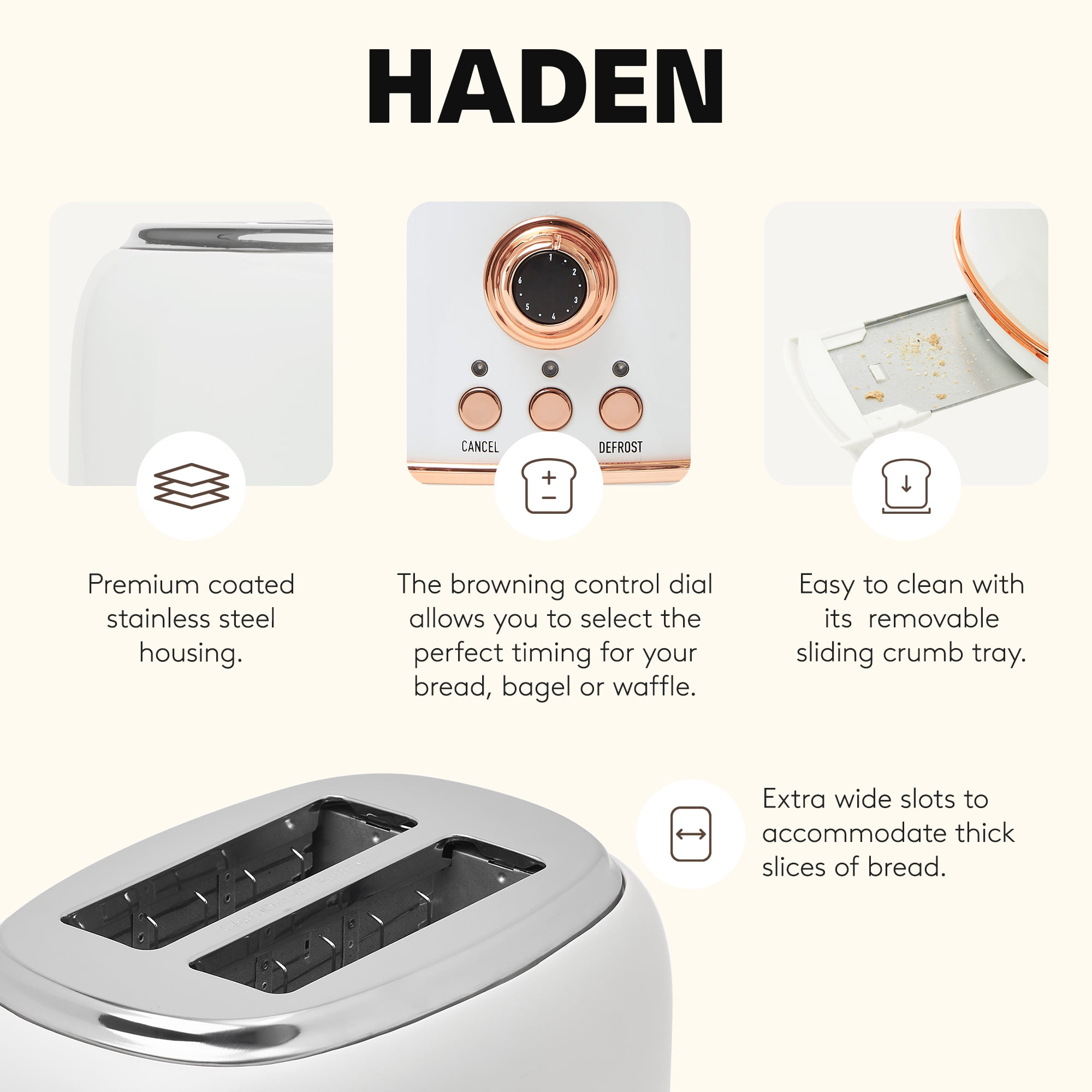 Haden Heritage 2 Slice Wide Slot Stainless Steel Toaster, Ivory & Copper