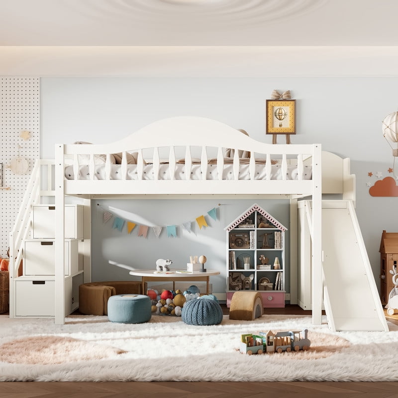 Full Size Kids/Teens Loft Bed with Storage Staircase, Slide & Wardrobe, Princess Bed Frame with Curved Guardrail