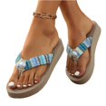 thumbnail image 2 of UDAUDU Women's Bohemian Woven Wedge Flip Flops with Pearl Accent Comfortable Walking Shoes Slip-On Casual Summer Vacation Shoes Blue 7 Wide, 2 of 5