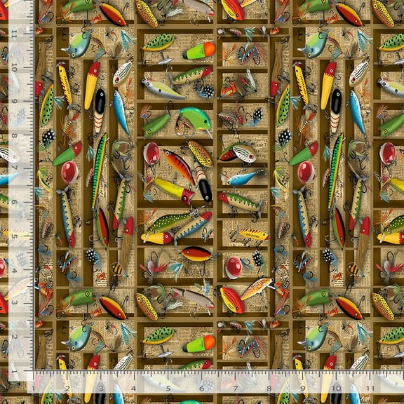 Cotton Cabin Rules Tackle Box Lures Fishing Hook Bait Timeless Treasures Cotton Fabric Print by the Yard (Gail-CD3479-Multi)