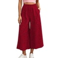 thumbnail image 3 of CBASIHI Womens Wide Leg Gingham Pants with Pockets- Summer Elastic Waist Casual Fashion Beach Vacation High Waist Cropped Pants Wine Size M, 3 of 7