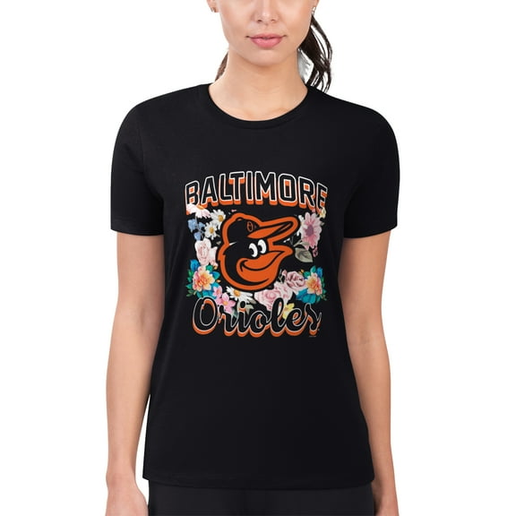 Women's G-III 4Her by Carl Banks Black Baltimore Orioles Super-Slim Fit Lightweight Flowers Graphic T-Shirt