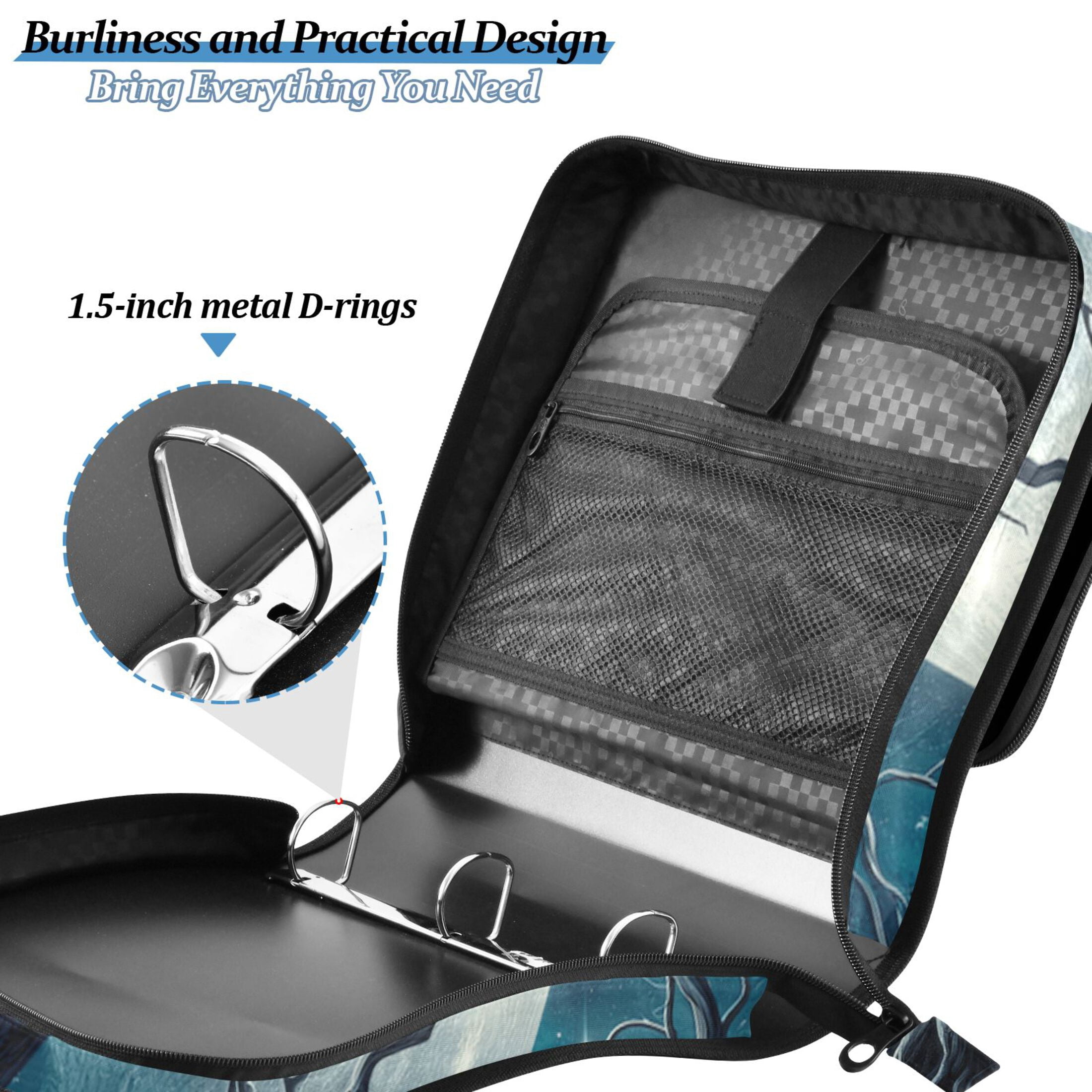 3 Ring Zipper Binder with Shoulder Strap Waterproof Trapper Keeper 2 Inch D-Ring 500 Sheets Capacity Crow on Branch with Moon
