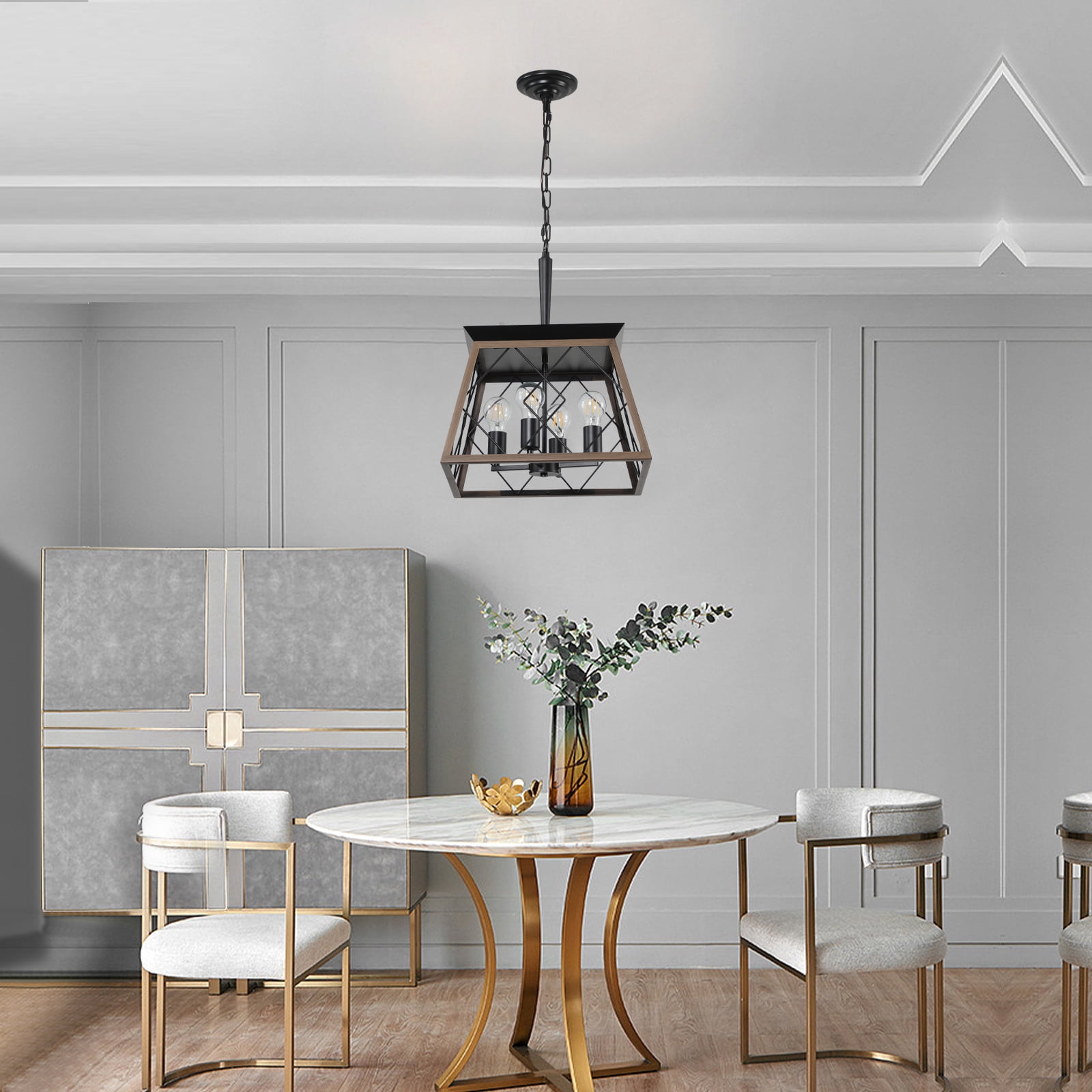 4-Light Farmhouse Vintage Chandelier, Rustic Pendant Light, with Faux Wood Finish, Adjustable Chain Industrial Fixture for Dining Room, Foyer, Kitchen Island, Walnut E26 Base