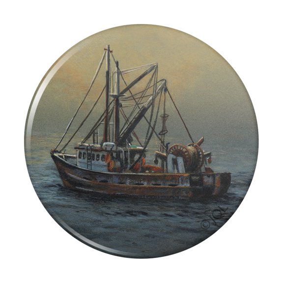 Fishing Boat Ocean Mist Pinback Button Pin