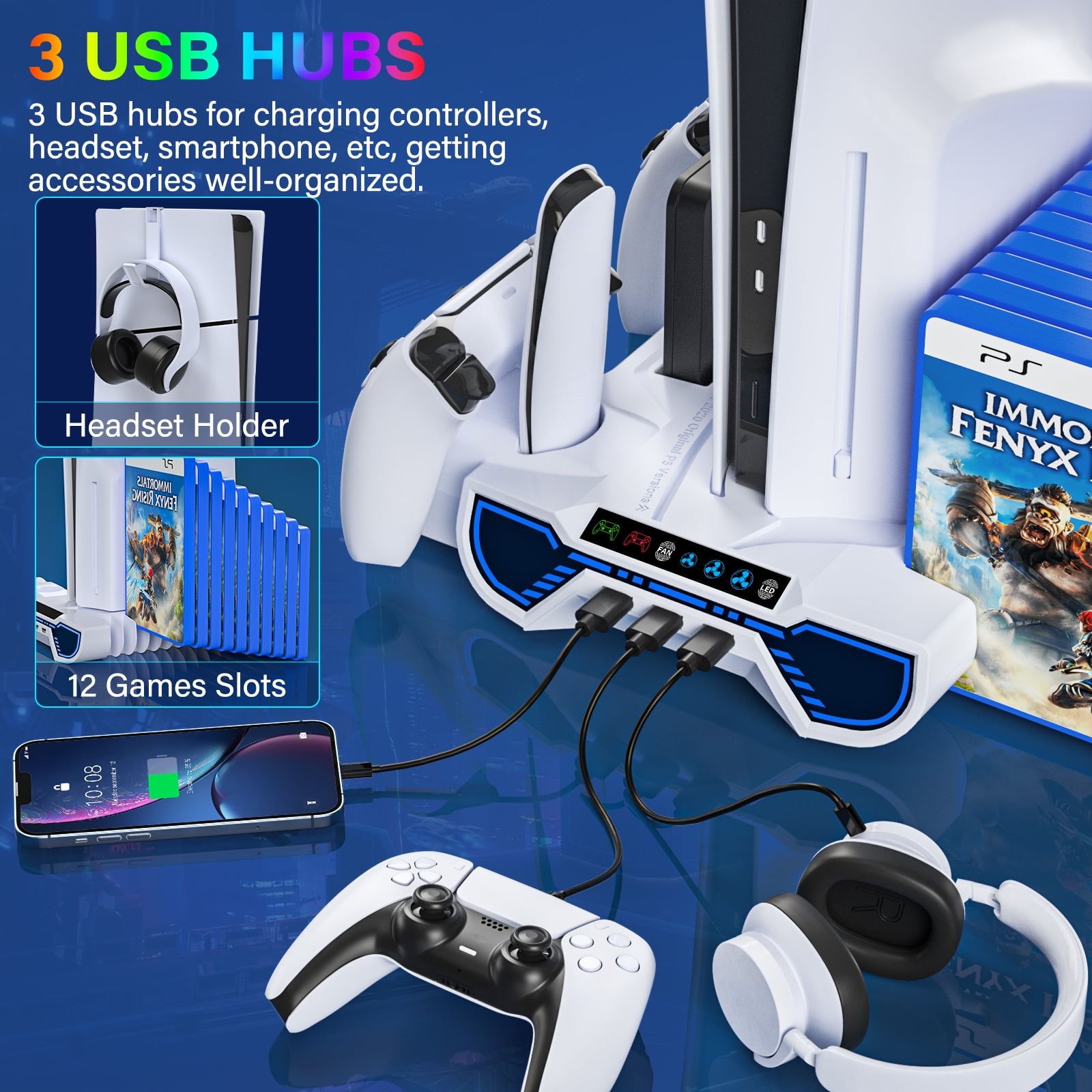 PS5 Stand with Cooling Fan, PS5 Cooling Station with Dual Controller Charging Station,PS5 Accessories for PS5 Standard Edition & Slim Edition & Pro Edition consoles - 3 Levels Fan & 3 USB Hubs,White