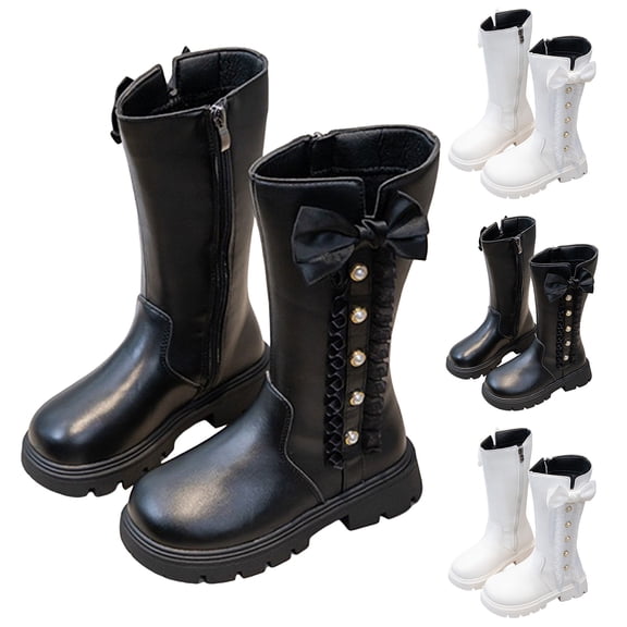 Dakaela Girls Knee High Boots Side Zipper Bow Winter Tall Riding Boot Chunky Low Heel Round Toe Kids Dress Booties Black Size 9.5