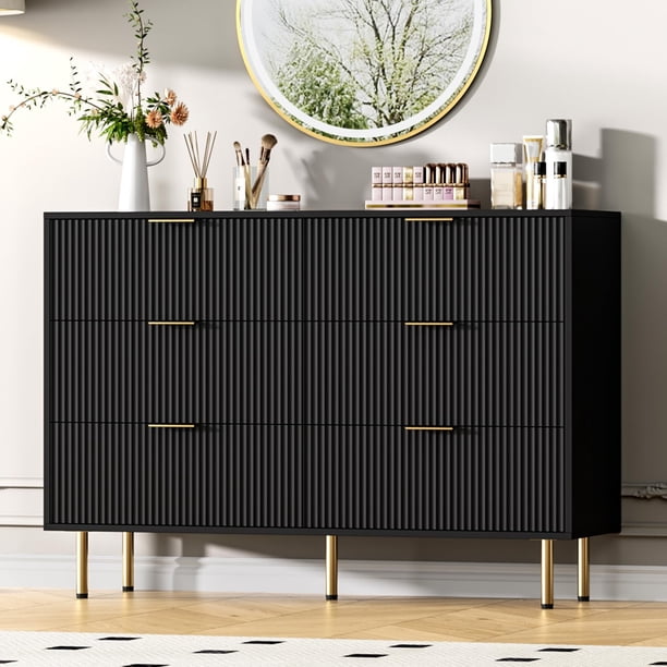 Yeshouse Cómoda de 6 cajones para dormitorio, cómoda acanalada de 119 cm de ancho con cajones, moderna cómoda doble de madera con tiradores de metal para sala de estar y pasillo