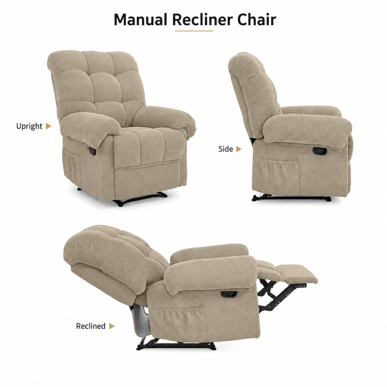 Aukfa Overstuffed Manual Recliner Chair, Upholstered Glider Lounge Armchair with Footrest for Bedroom Reading,Camel